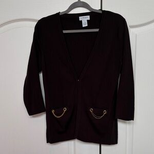 Carmen Black V-Neck Sweater Cardigan with Gold Chain Detail